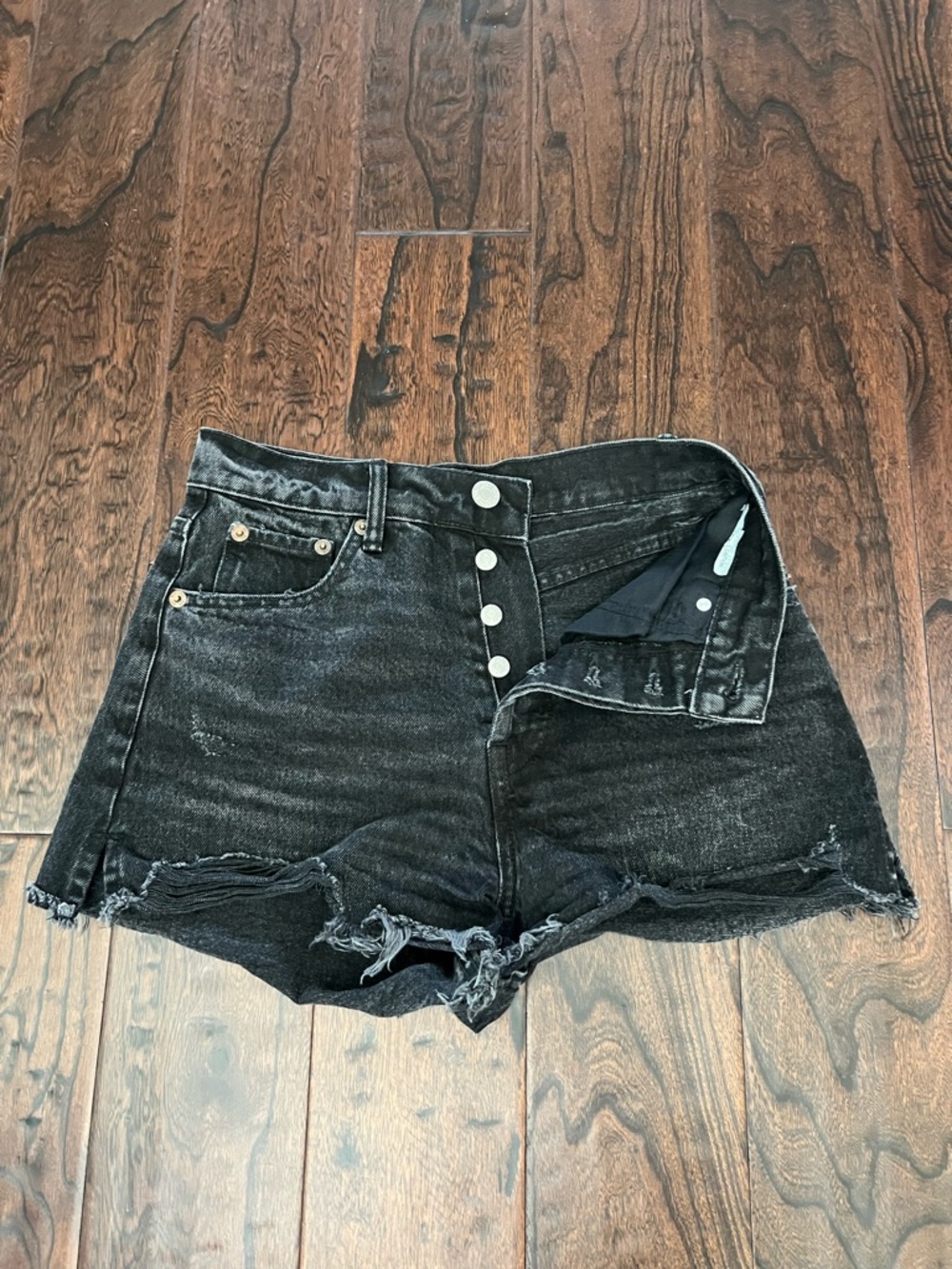 Zara Black Distressed High-Rise Denim Shorts - Picture 4 of 4
